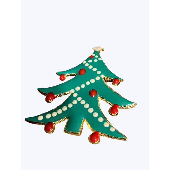 Vintage Christmas Tree Enamel Brooch Pin With Red & White Accents - Picture 3 of 8